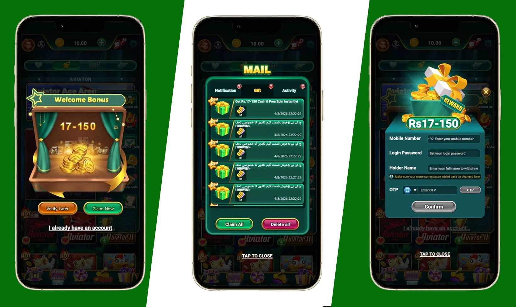 PAK Arcade app screens: Welcome Bonus Rs17-150, Gift Mail rewards, and registration form with OTP